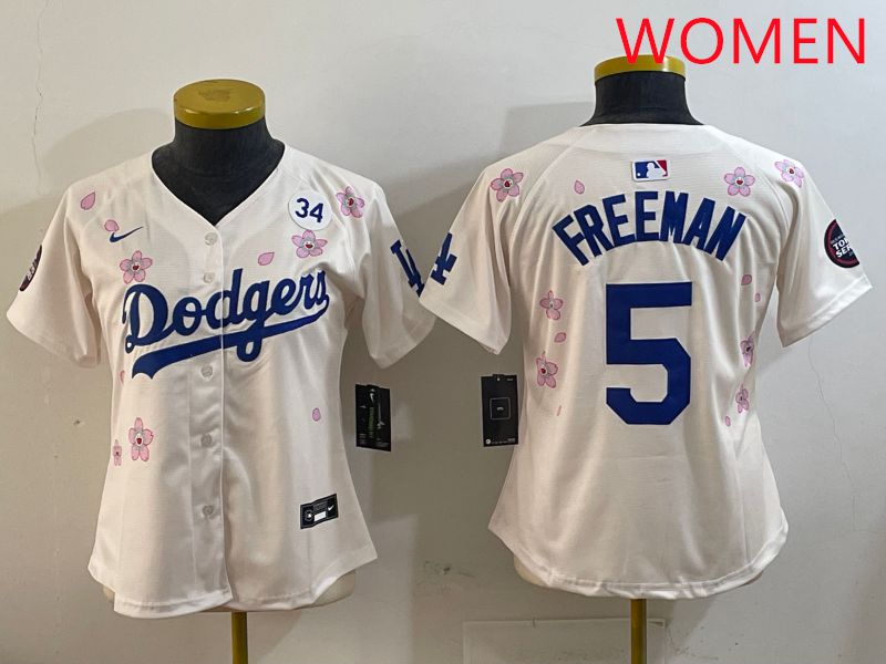 Women Los Angeles Dodgers #5 Freeman Cream Sakura Edition 2025 Nike MLB Jersey style 4->youth mlb jersey->Youth Jersey